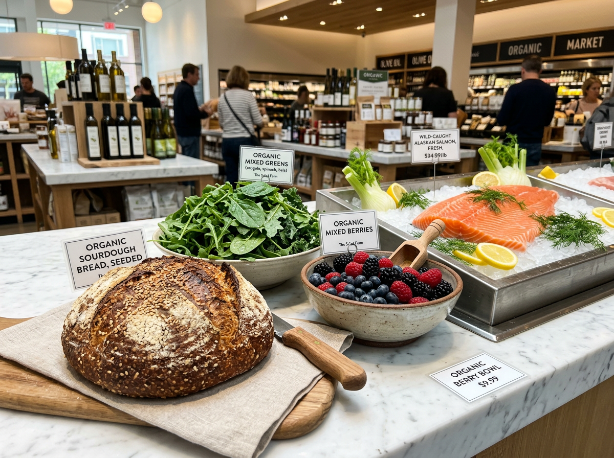 Fresh bread, greens, berries and salmon arranged on a marble counter