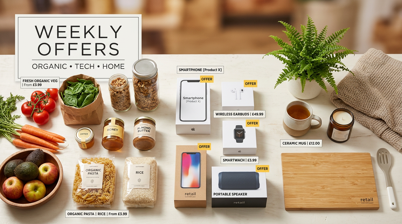 Tasteful promotional arrangement of organic food, tech and home products