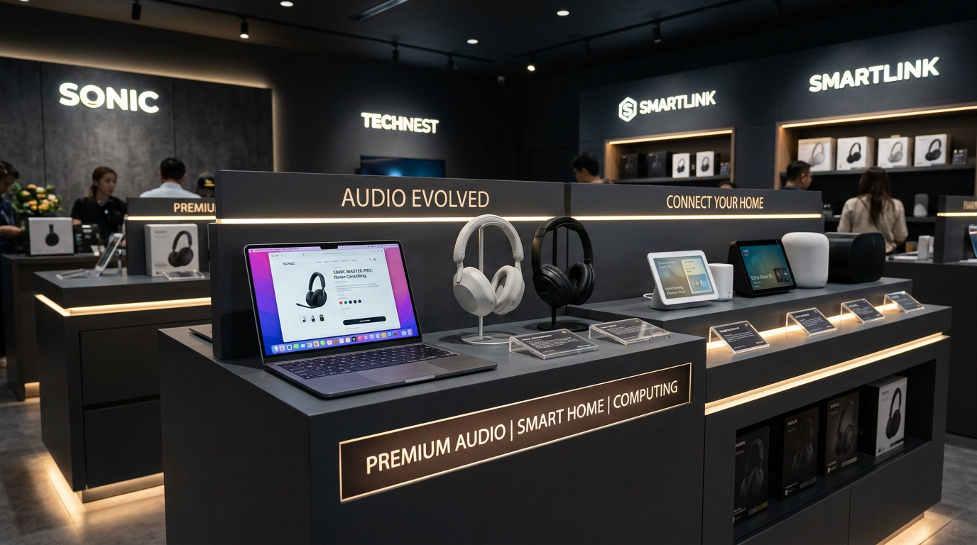 Sleek headphones and laptop on charcoal pedestal
