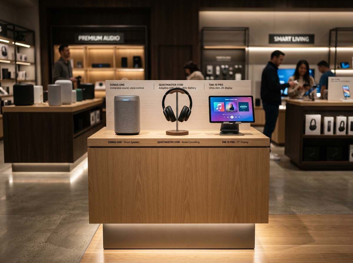 Premium smart speakers, headphones and tablet on a minimalist display